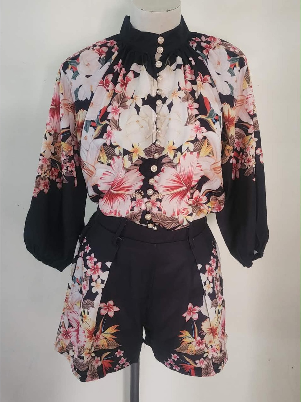 Floral Black Two-Piece Set — Tropical Print Blouse & Shorts